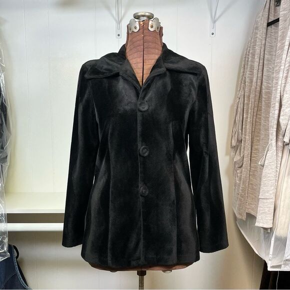 Vintage 80's/90's Y2K Black Velour Button Front Long Sleeve Collared Top Medium - Picture 1 of 14